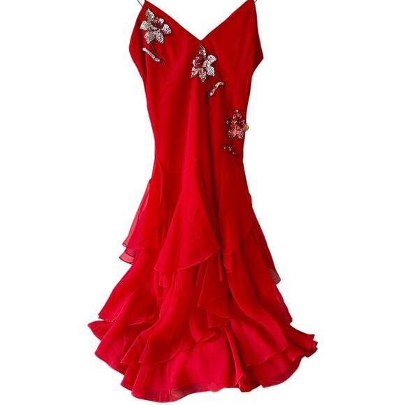 VTG Y2K Red Silk Sequin Midi Cocktail Dress Gown Fairy Ruffle XS Ethereal Prom - Picture 7 of 12